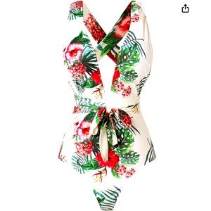 Begonia.K Tropical Deep V-Neck Criss Cross Floral One Piece Swimsuit Size XXL